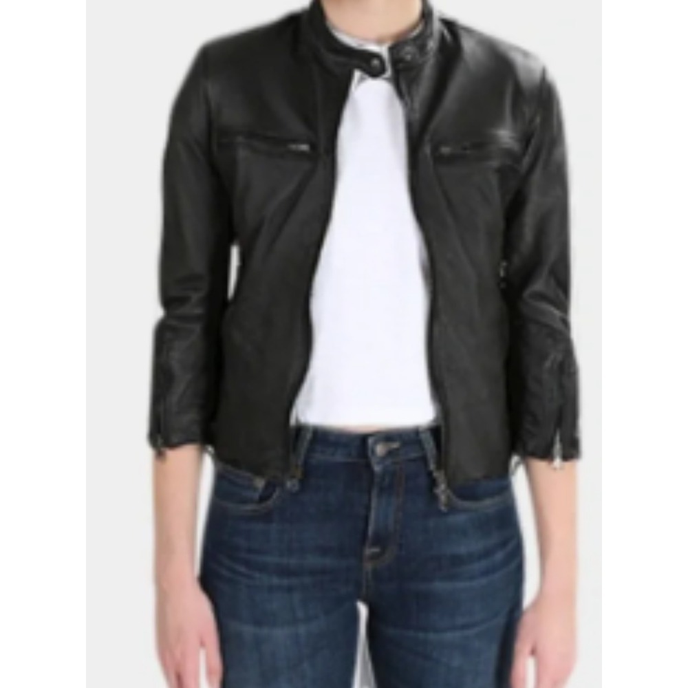 R13 Leather Cafe Racer Cropped Jacket M Black Lambskin Leather Moto Biker Edgy